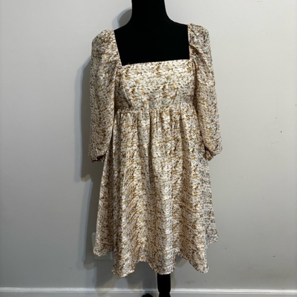 Storia Baby Doll Puff Sleeve Mini Dress Gold Tan Ditsy Floral Metallic Size S